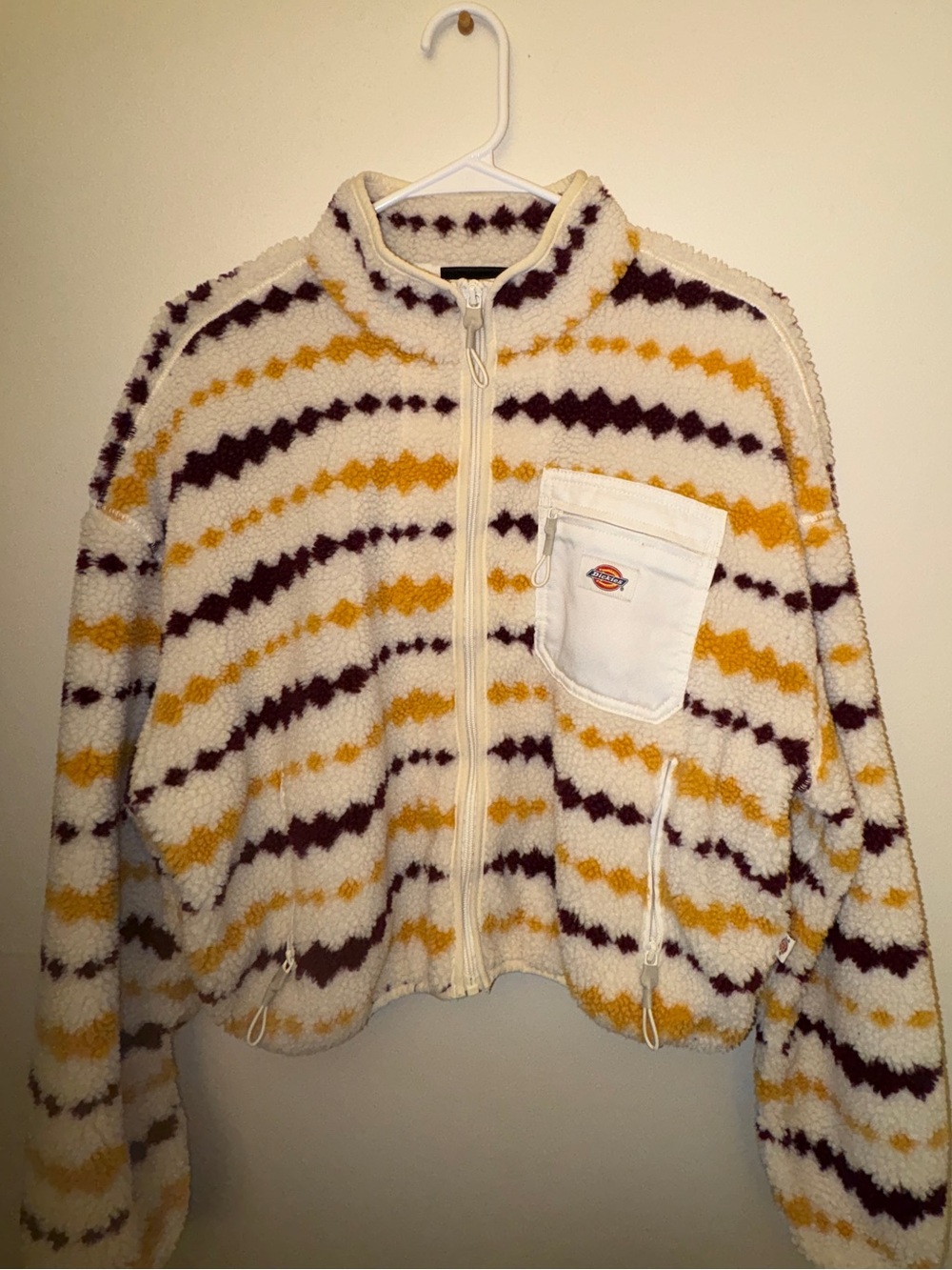 Dickies Cream Sherpa Zip Jacket with Yellow and Burgundy Stripes